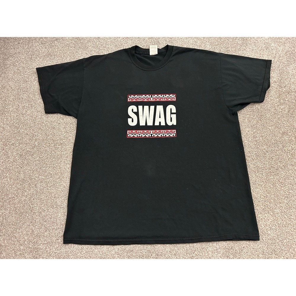 Y2K Style Jerzees Swag Graphic T-Shirt Mens 2XL Black Excellent Short Sleeve Tee